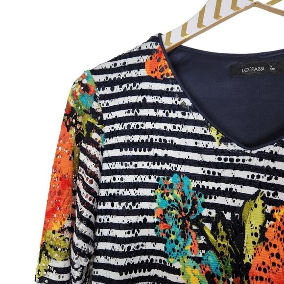 LO'FASSI Dress Womens 7 / 30 Blue White Eyelet‎ Striped Floral Dress LOFASSI - Picture 5 of 7